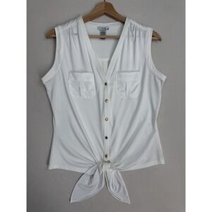 Cache Ivory Gold Button Up Tie Front Blouse Size M Satin Quiet Luxury V-Neck